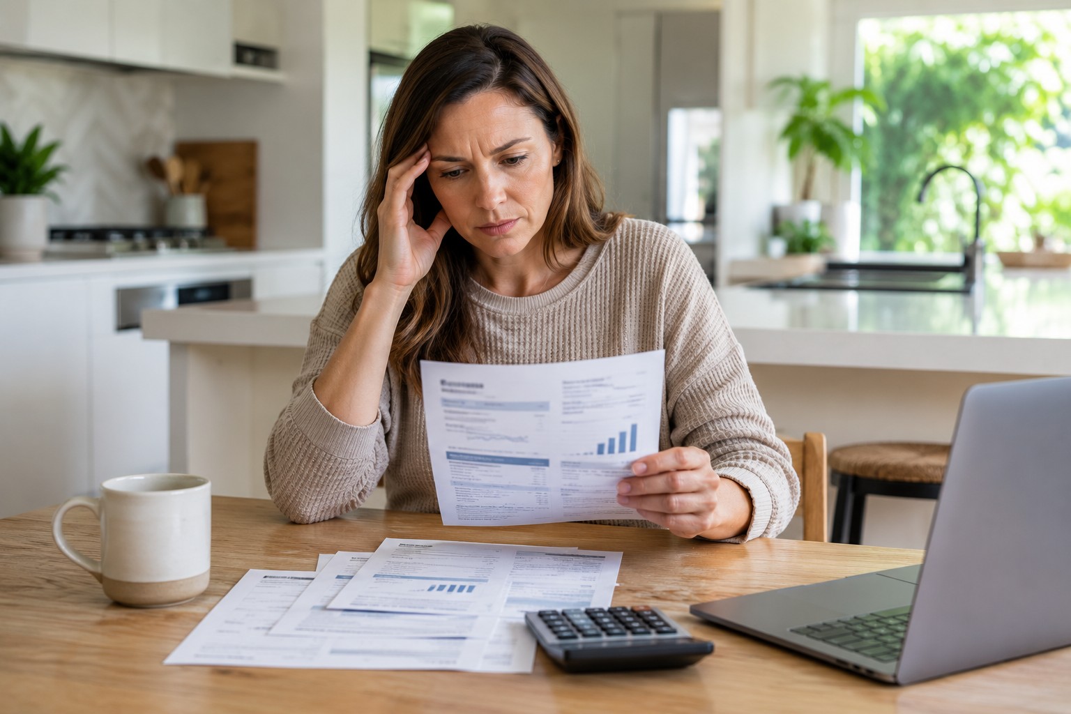 Homeowner reviewing a high water bill that may indicate a hidden leak