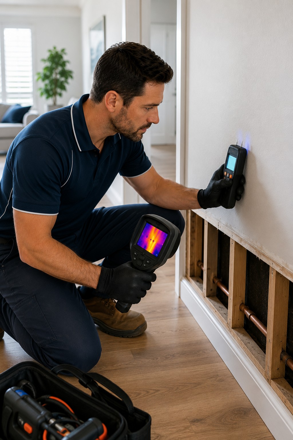 Professional plumber using moisture meter and thermal imaging equipment to locate a hidden water leak