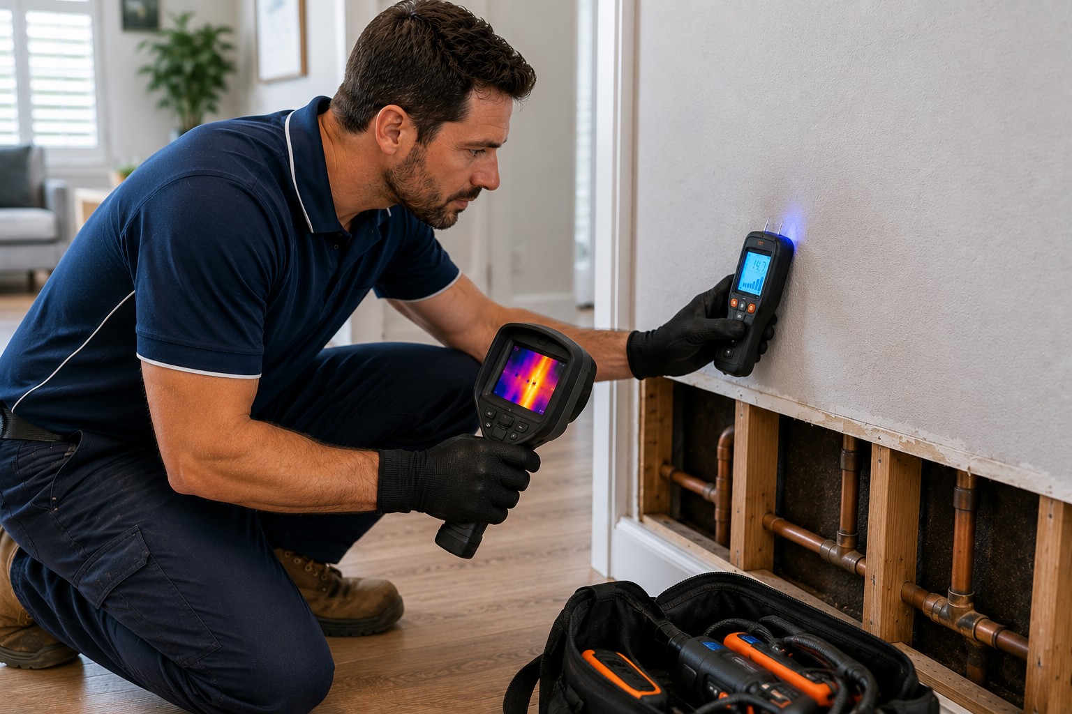 Thermal inspection equipment being used during hidden leak detection
