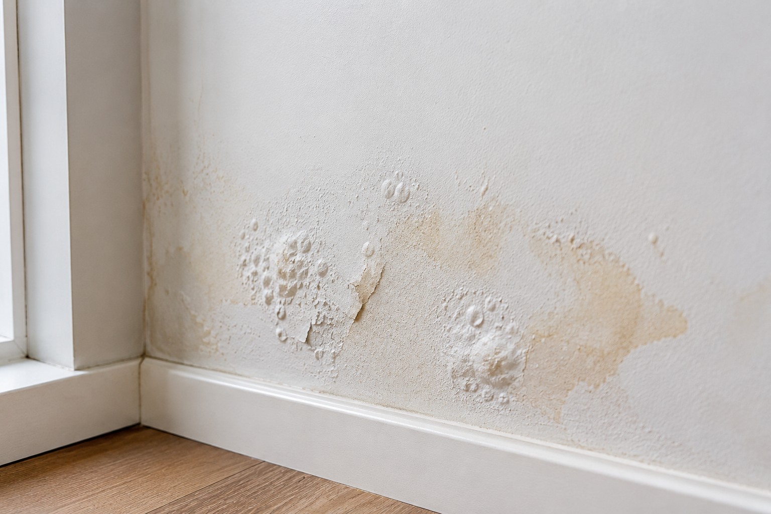 Water stain and bubbling paint on a wall caused by hidden moisture