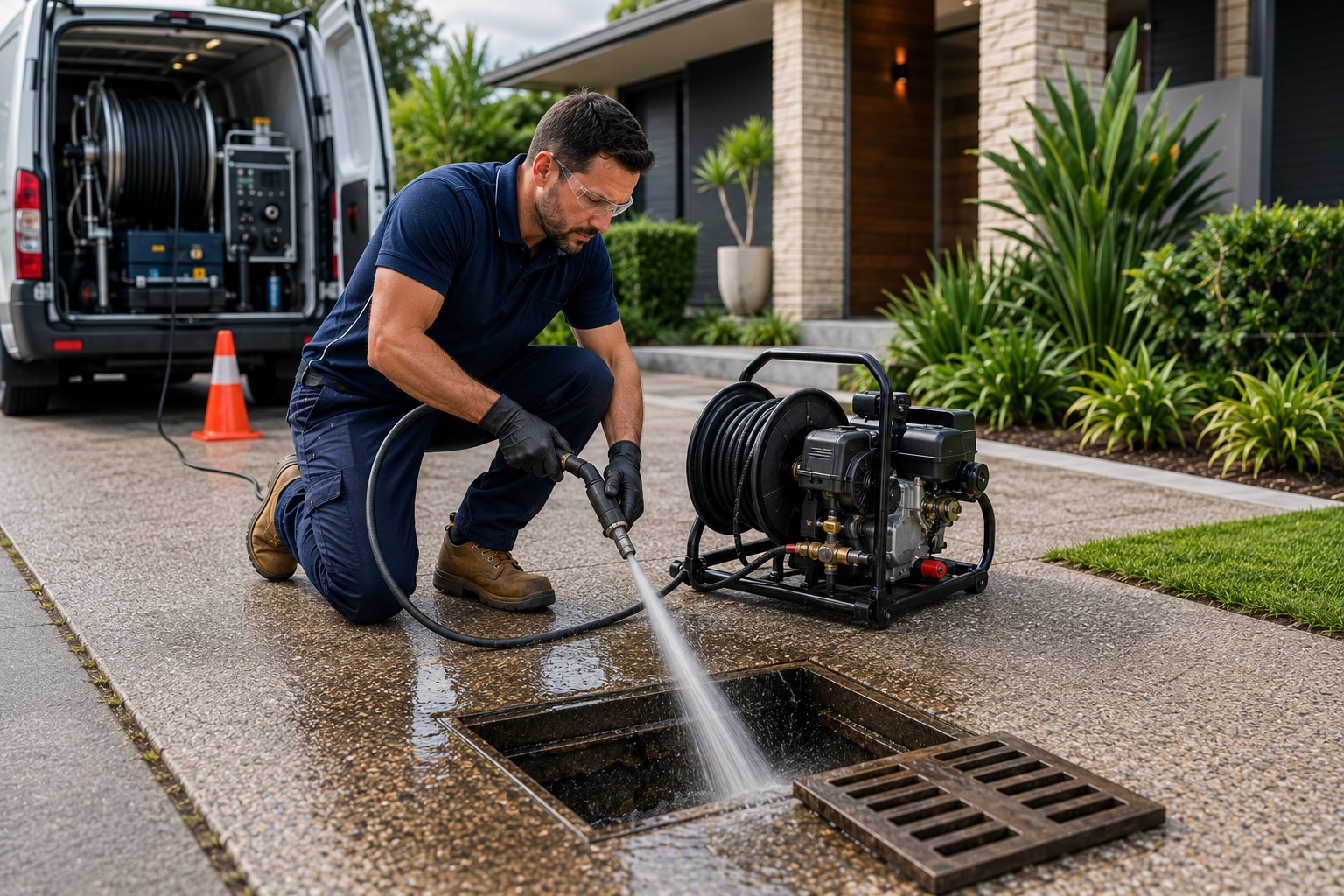 Professional plumber using high pressure water jetting equipment to clear a blocked drain