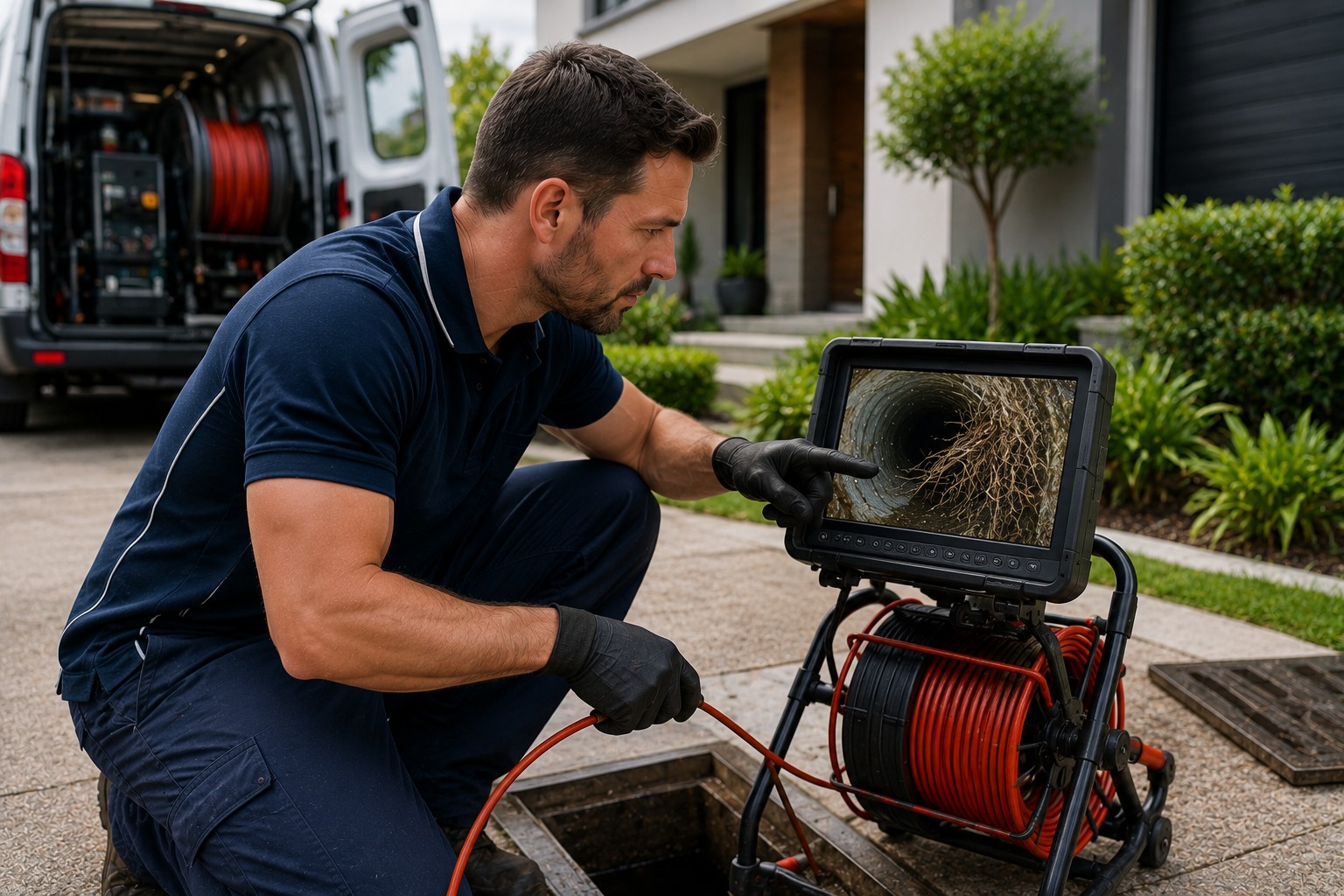 Plumber reviewing CCTV drain inspection footage showing tree root intrusion