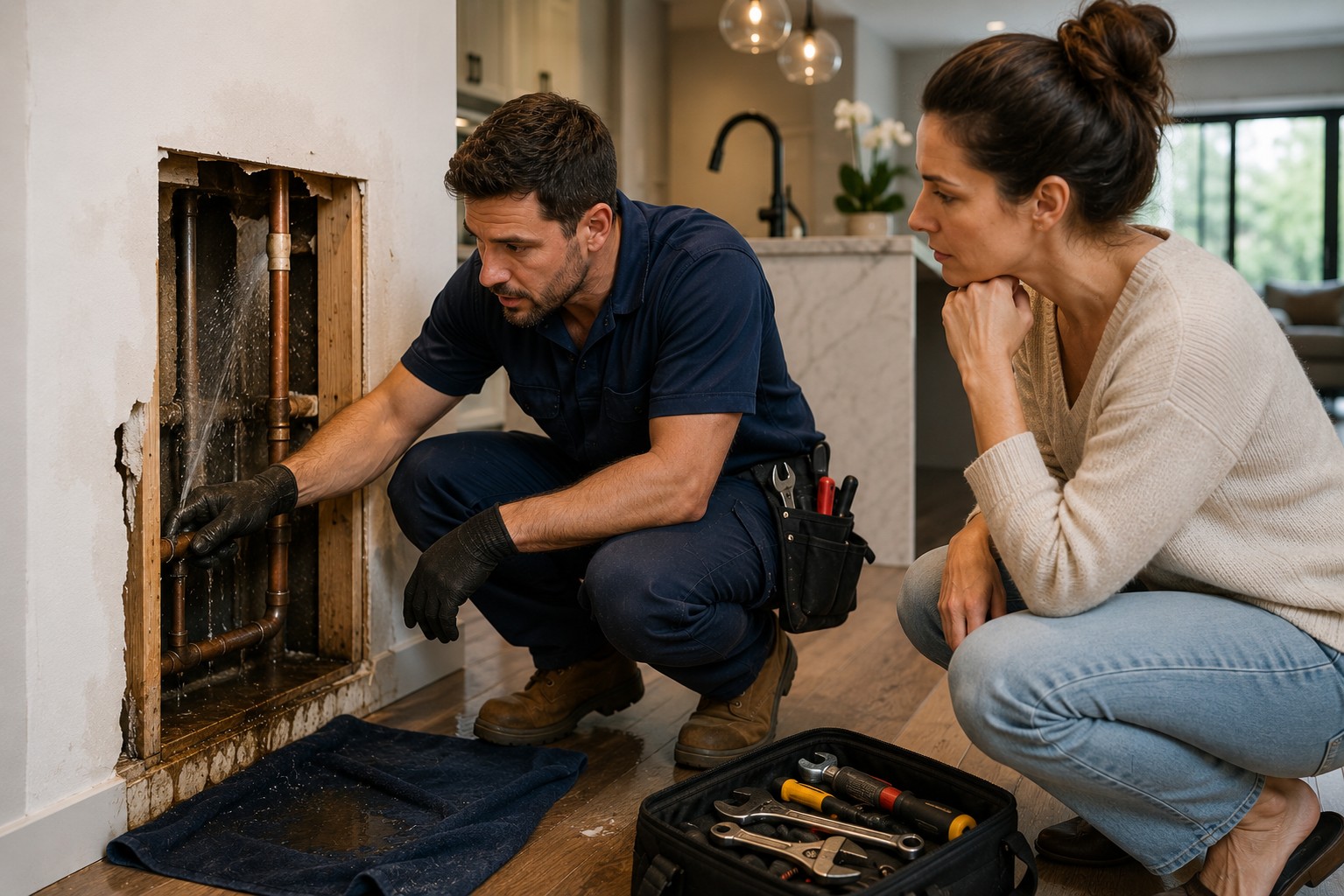Professional plumber assessing an emergency leak with a homeowner