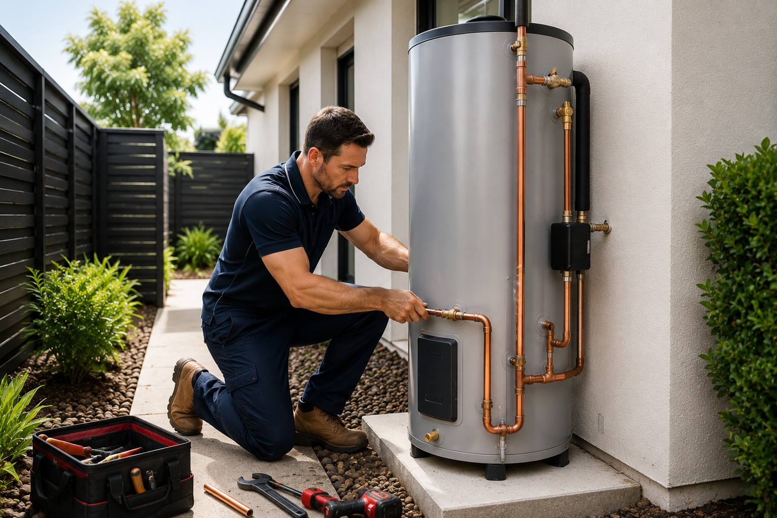 Professional plumber installing a new hot water system